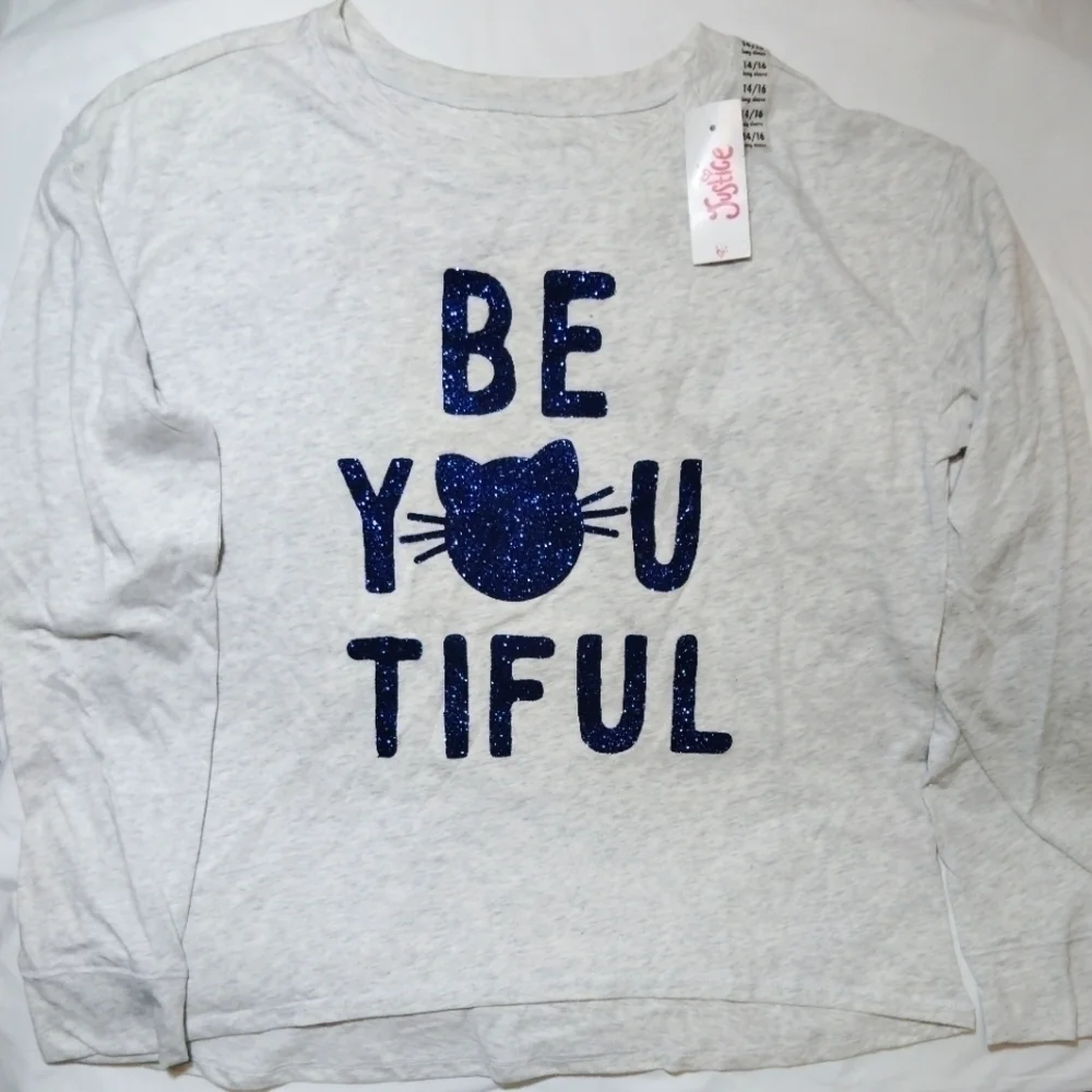 Justice Be-You-Tiful Sparkling Kitty Long Sleeve T-Shirt- 14/16